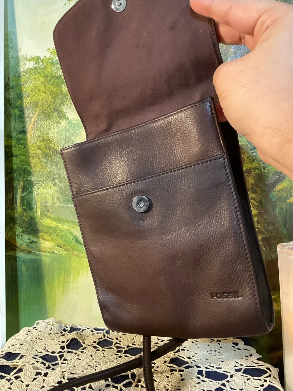 Fossil Dark Brown Leather Messenger Crossbody